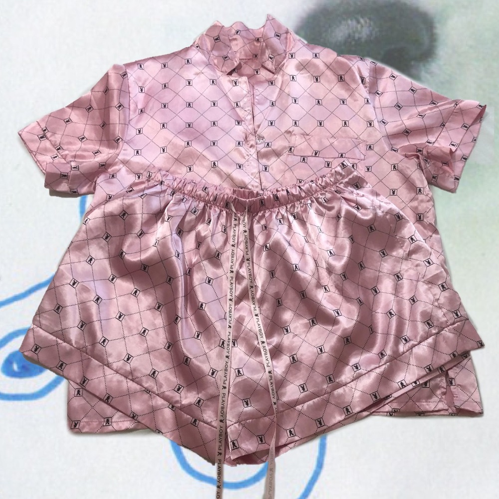 pink faux silk playboy pajamas set sleepwear small